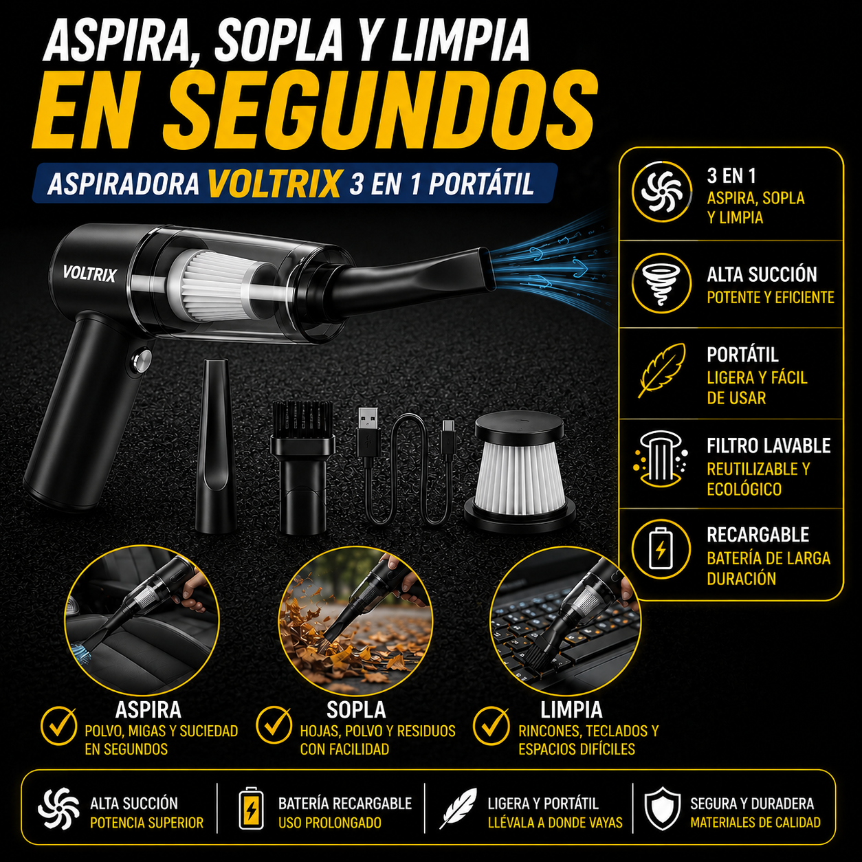 ASPIRADORA VOLTRIX 3 EN 1: LIMPIA CUALQUIER RINCÓN EN SEGUNDOS